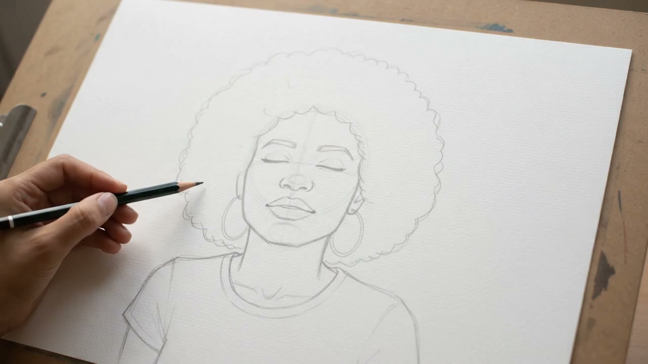 A hand-drawn pencil portrait of the birthday woman