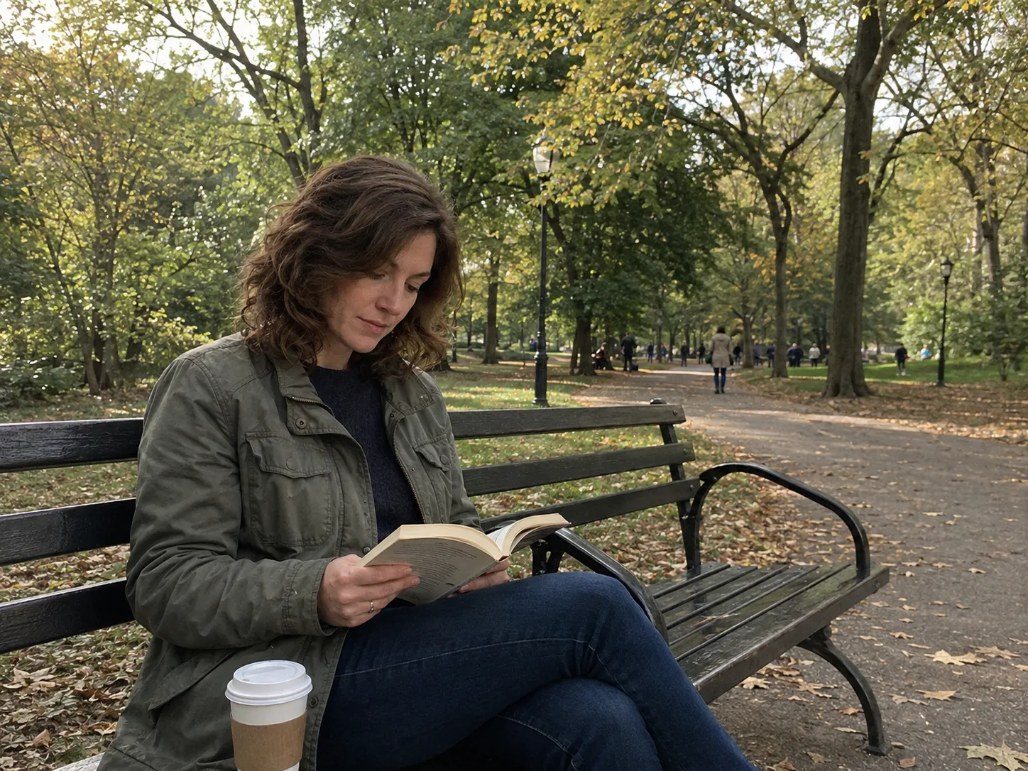 Claire reading on a bench in Prospect Park