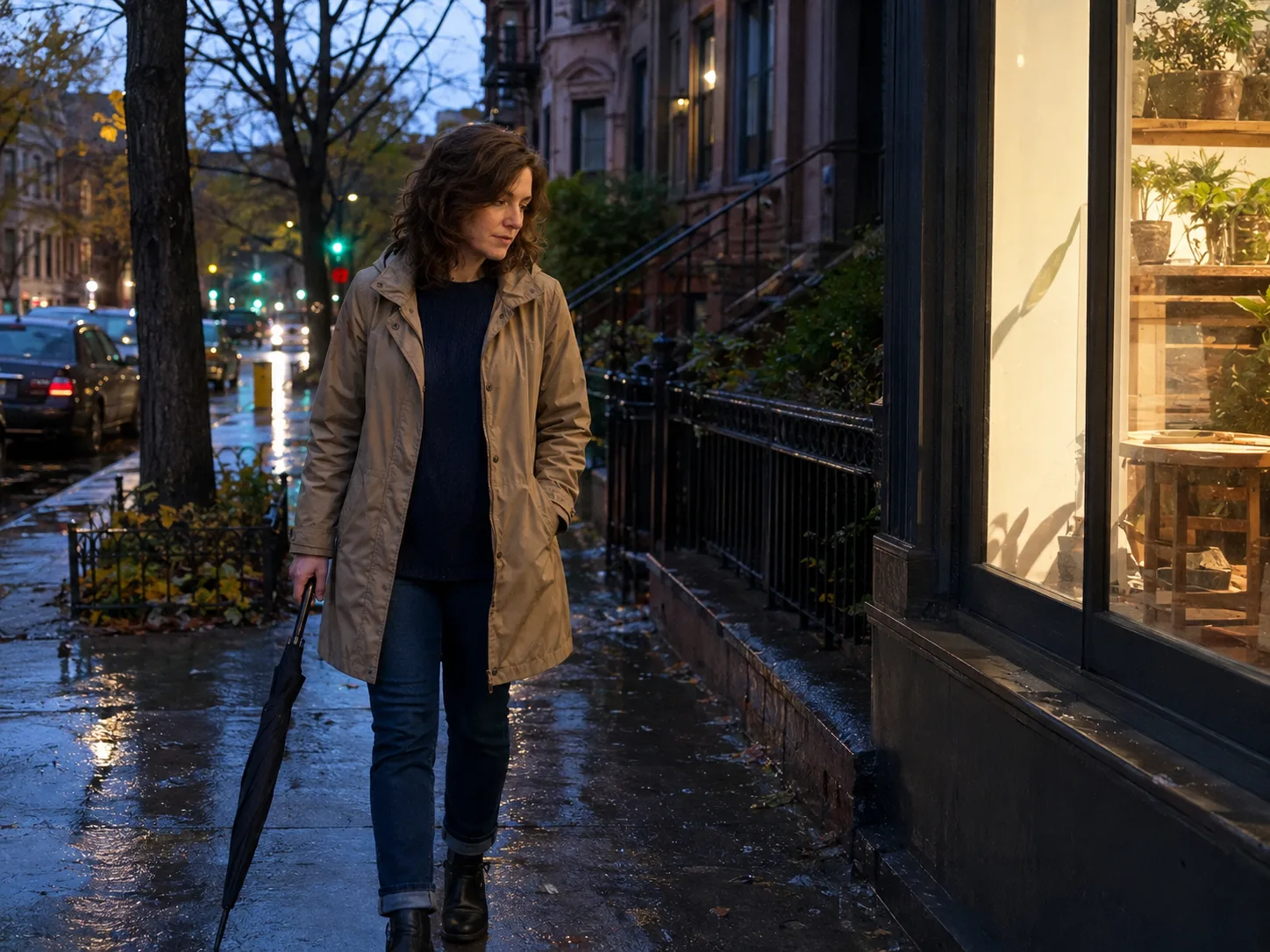 Claire walking along a Brooklyn street after rain