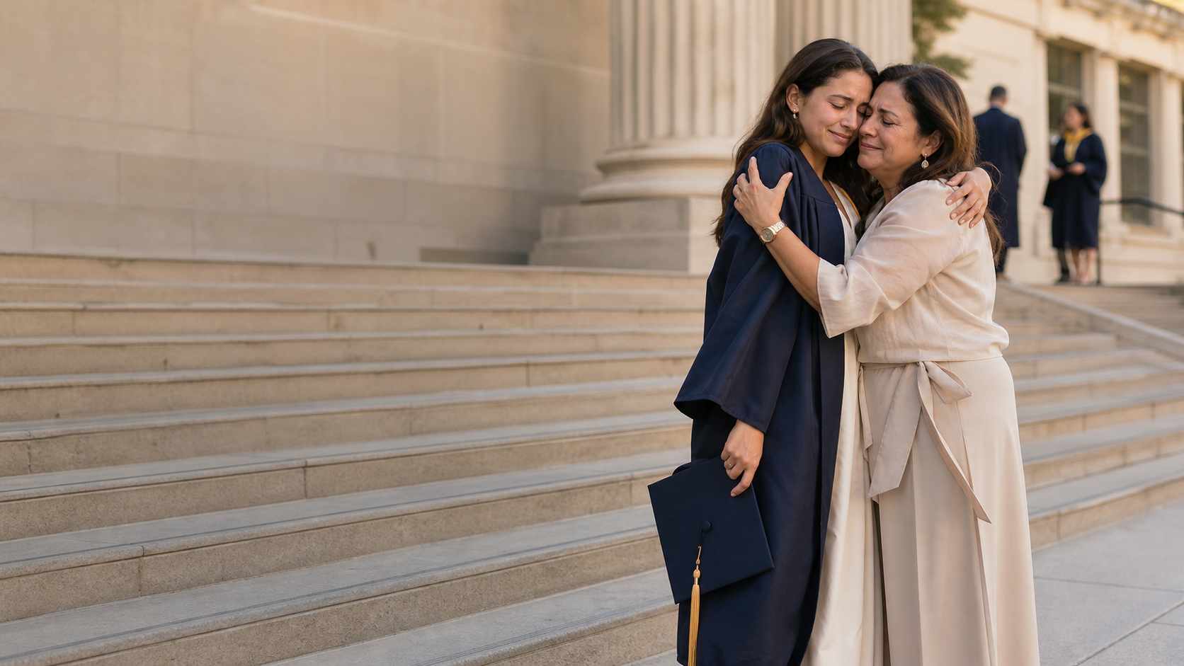 A graduate and her mother embracing outside the university.